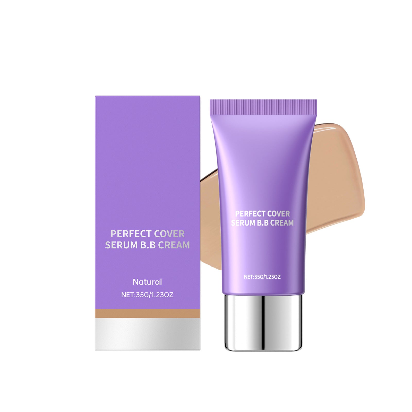 Purple tube and box of Perfect Cover Serum BB Cream with a beige makeup swatch, 35g, isolated on white background.