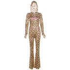 A leopard-print hooded zip-up jacket and flared, high-waisted pants set with pink stitching detail on a mannequin.