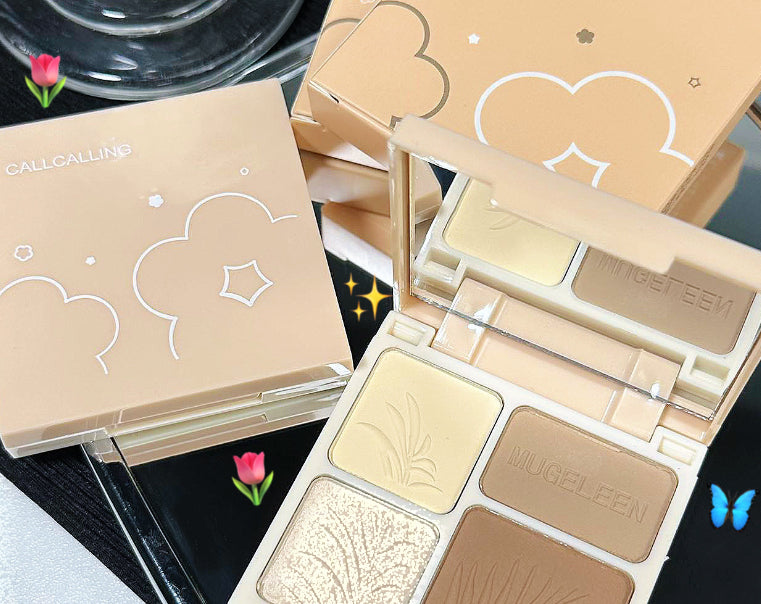 Beige 4-well contour and highlight palette with floral embossed powders, mirror, and cloud-patterned packaging.