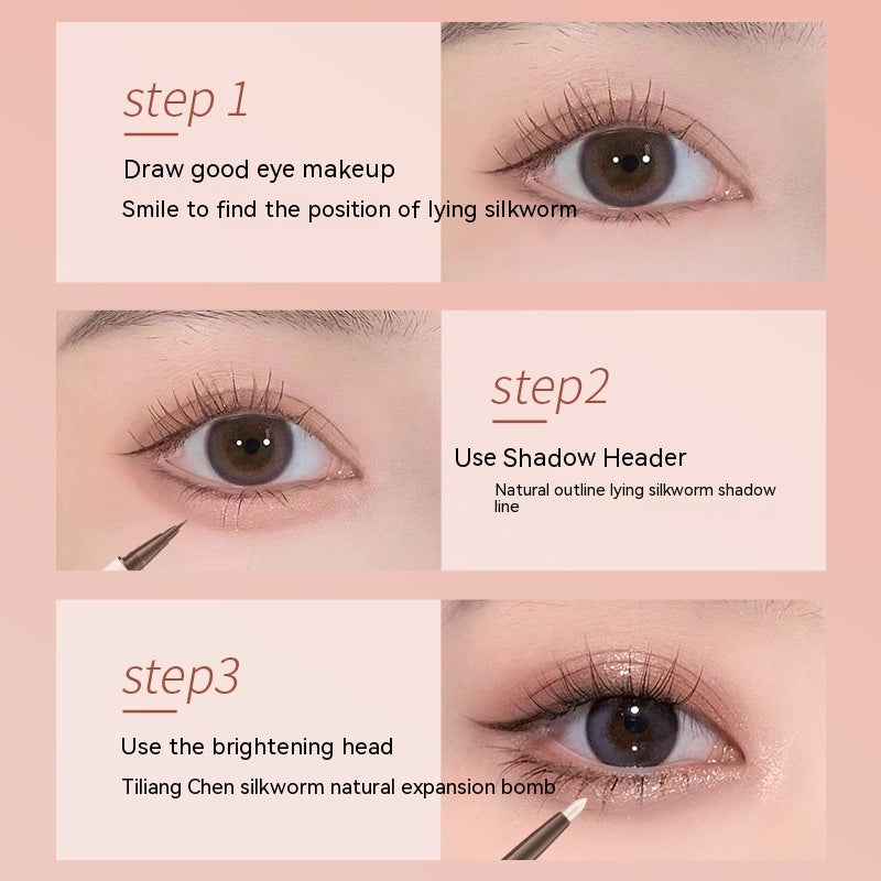 Instructional graphic showing a double-ended eye shadow pen used to define and brighten under-eye "lying silkworm."