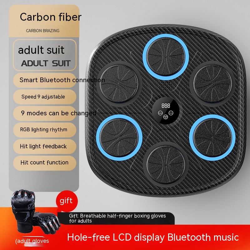 Black carbon-fiber music boxing target with LED hit pads, LCD screen, Bluetooth, and included adult training gloves.