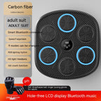 Black carbon-fiber music boxing target with LED hit pads, LCD screen, Bluetooth, and included adult training gloves.