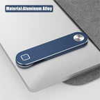 Blue aluminum alloy two-in-one side screen bracket attached to a silver laptop.