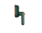 Portable forest-green electric travel iron with rose gold accents and a compact ergonomic handle on white background.