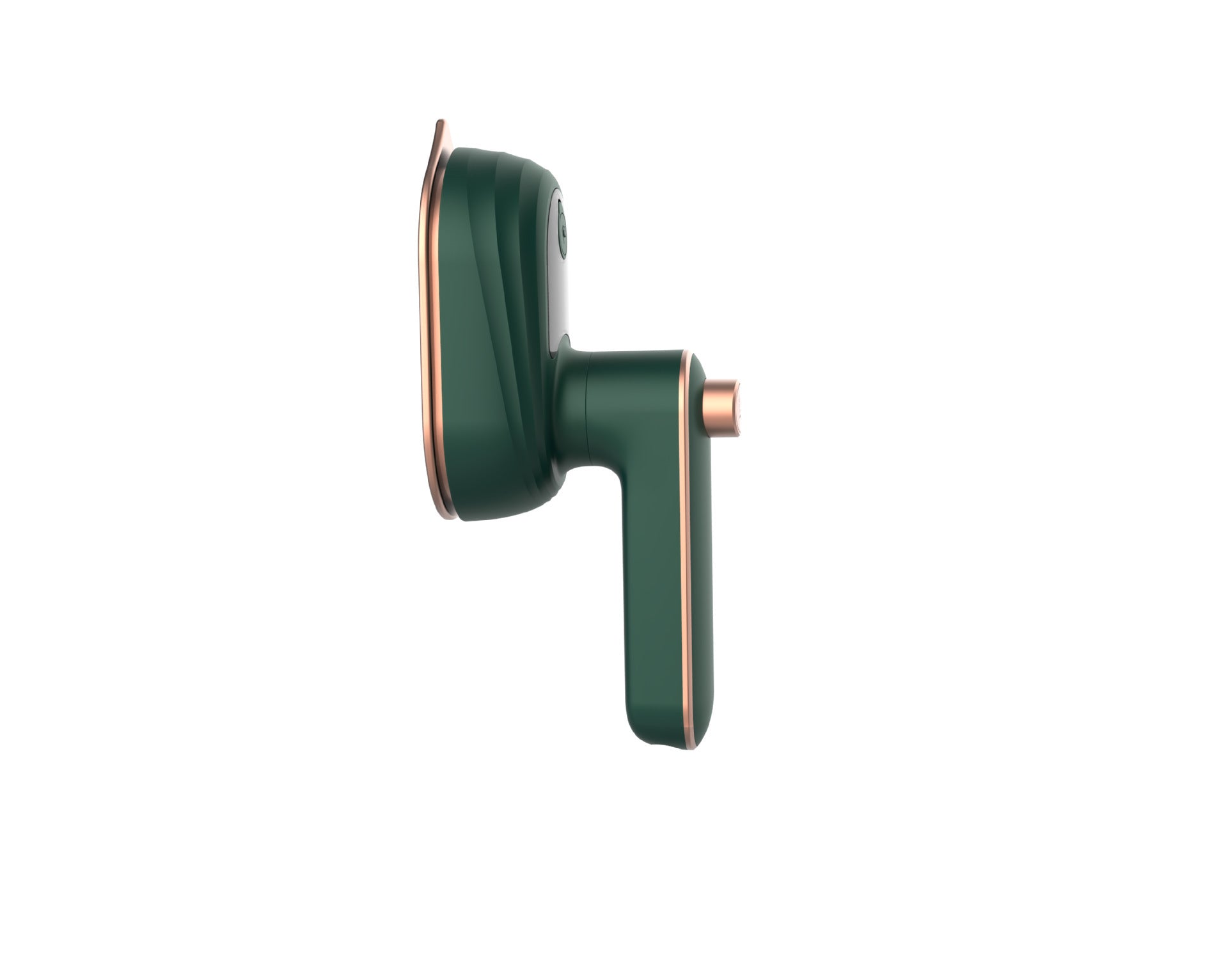 Portable forest-green electric travel iron with rose gold accents and a compact ergonomic handle on white background.