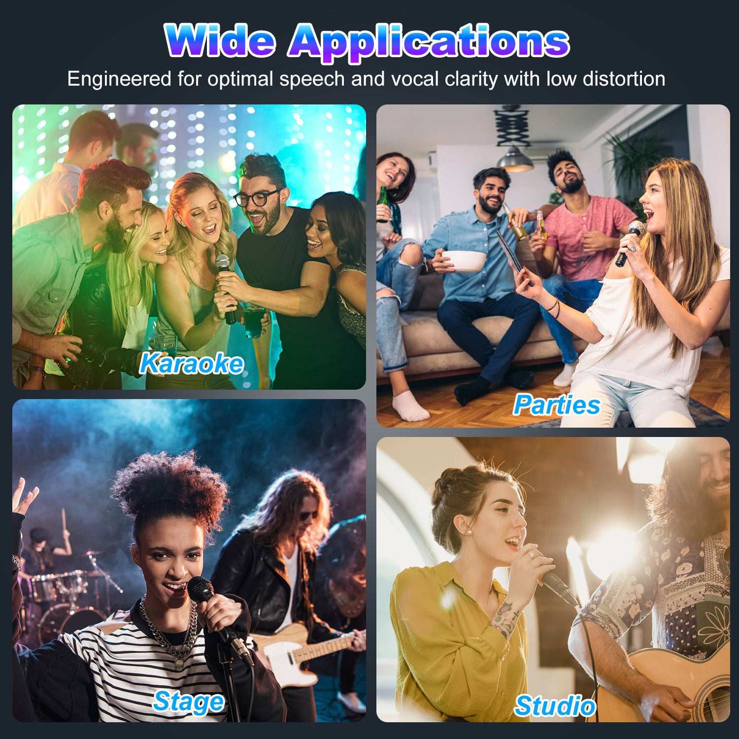 Collage showing people using a black handheld dynamic microphone for karaoke, parties, stage, and studio recording.