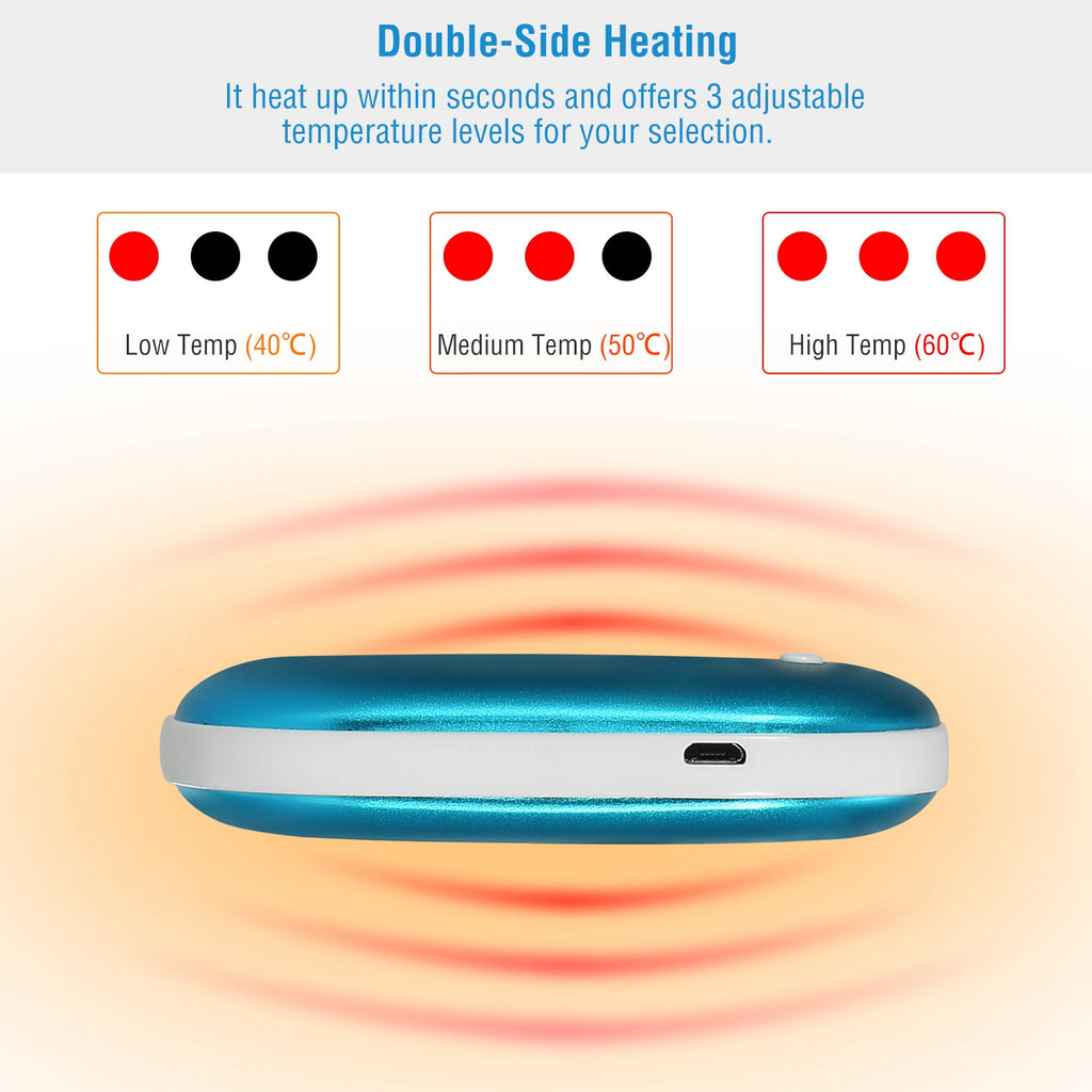 Blue, oval, rechargeable 5000mAh hand warmer with 3 temperature settings, charging port, and double-side heating.