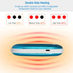 Blue, oval, rechargeable 5000mAh hand warmer with 3 temperature settings, charging port, and double-side heating.
