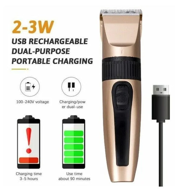 Gold and black cordless hair clipper with metal blades, USB charging cable, and instructional charging graphics.