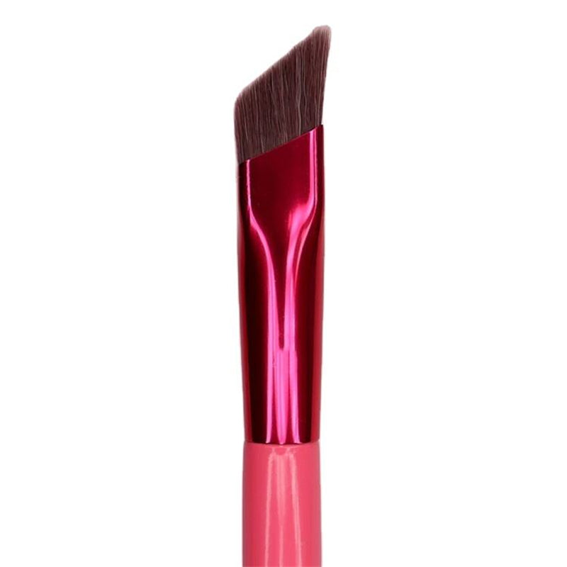 Squared-off angled eyebrow brush with dark brown bristles, metallic red ferrule, and a glossy pink handle.
