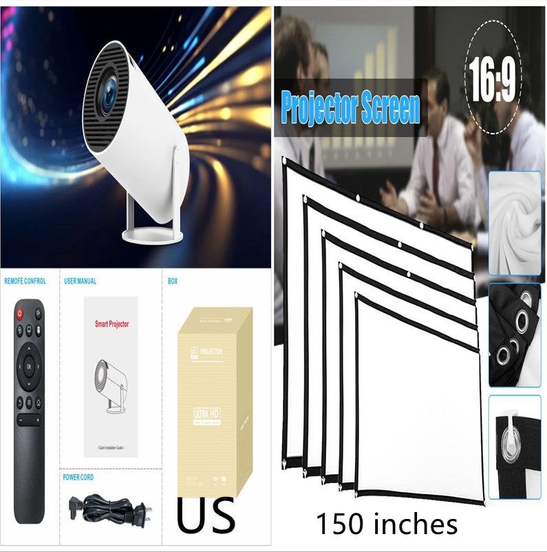 HY300 Pro white portable projector, 150-inch screen, remote, manual, power cord, and retail box in a product collage.
