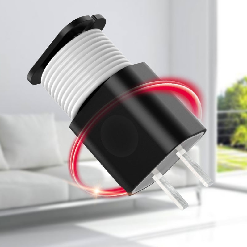Black silicone protective case for Apple 20W charger with a white cable wrapped around it and a glowing red light ring.