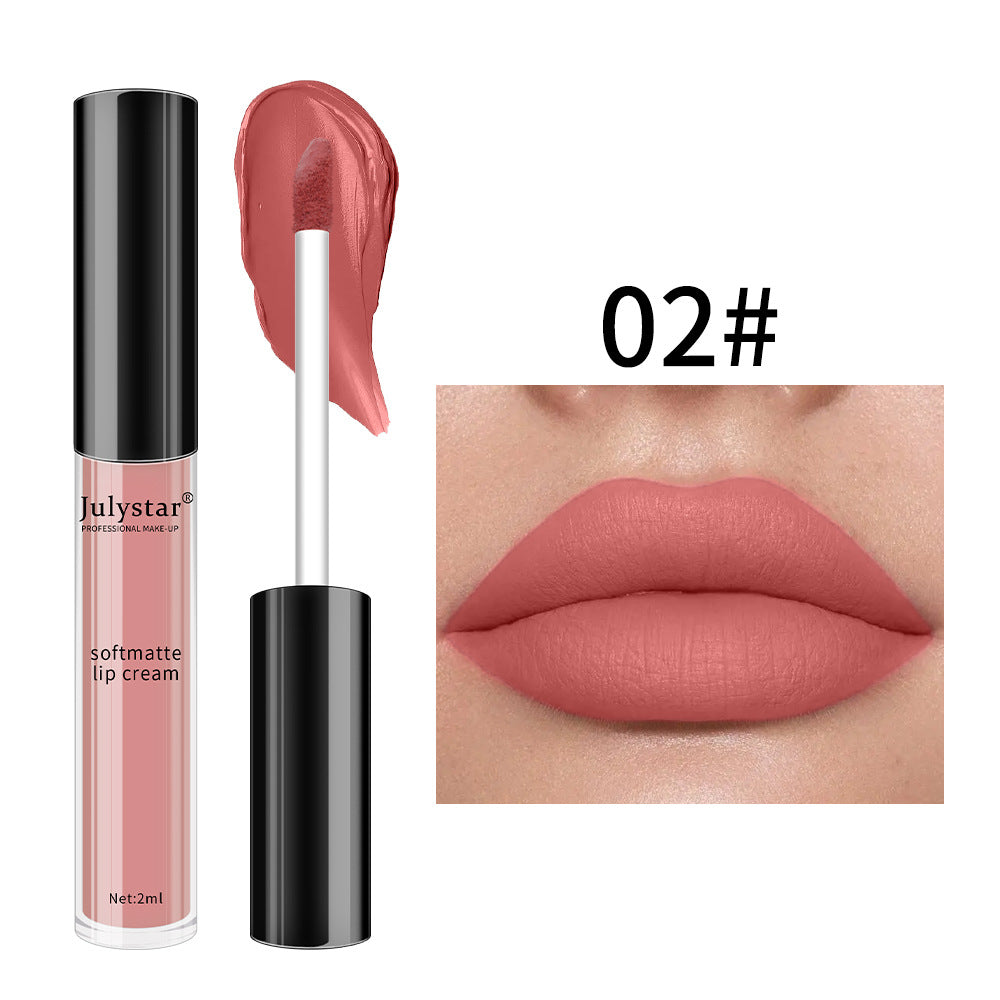 Julystar soft matte lip cream in shade 02, a dusty rose color, shown with applicator and lips wearing the shade.