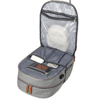 Open grey fabric stroller diaper bag with mesh lid, internal storage pockets, and external USB charging port.