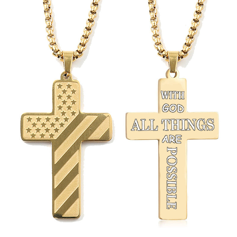 Gold titanium steel cross pendant necklace. Features US flag design on one side and engraved religious text on reverse.