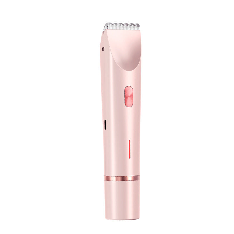 Rose gold electric hair remover with a slim, ergonomic design, metal trimmer head, and single control button.