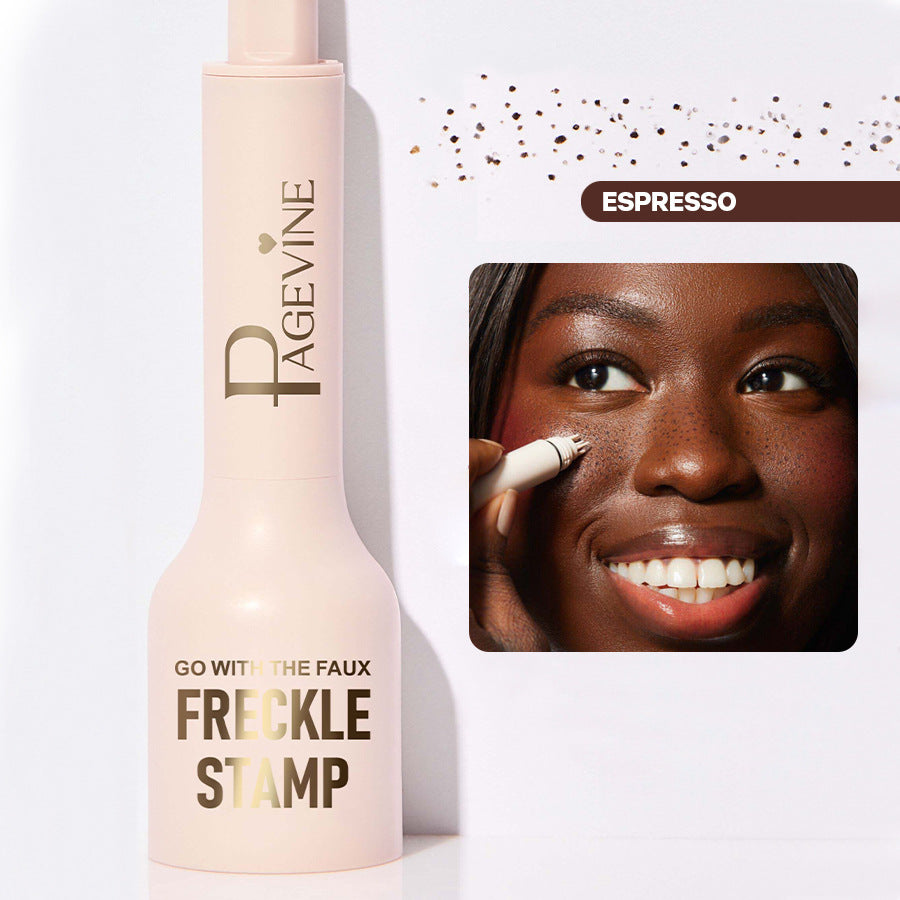 Light pink Pagevine freckle stamp pen with a five-point applicator shown on a model’s cheek in Espresso shade.