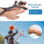 Black silicone finger stretcher for rehabilitation, worn on a hand, promoting wrist strength and pain relief.