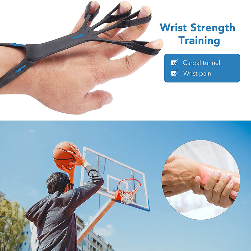 Black silicone finger stretcher for rehabilitation, worn on a hand, promoting wrist strength and pain relief.
