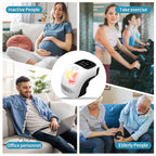 A white, sleek knee massager with a digital display, surrounded by lifestyle photos showing diverse users.
