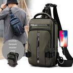 Olive green multifunctional nylon crossbody chest bag with "PROFESSIONAL" branding, multiple pockets, and USB charging.