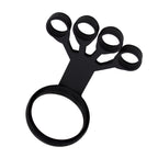 Black silicone finger exerciser with four small rings for fingers and one large ring for the thumb.