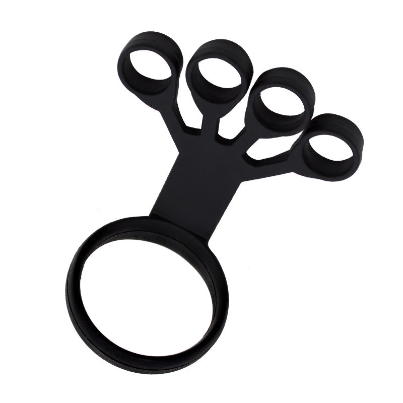 Black silicone finger exerciser with four small rings for fingers and one large ring for the thumb.
