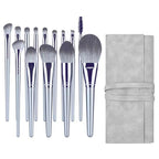 A set of 11 silver-handled makeup brushes with soft grey bristles and a matching grey roll-up storage case.