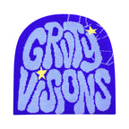 Blue knit beanie with light blue "GROOVY VISIONS" text, small yellow stars, and spiderweb accents in a hip-hop style.