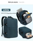 Peacock blue waterproof travel backpack with multiple compartments, showing laptop, shoe storage, and organized interior.