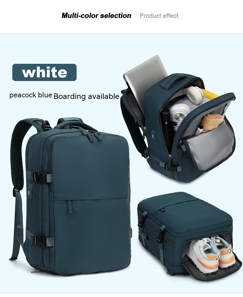 Peacock blue waterproof travel backpack with multiple compartments, showing laptop, shoe storage, and organized interior.