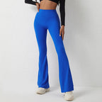 Bright blue, high-waisted, flared-leg fitness leggings in smooth, stretchy fabric.