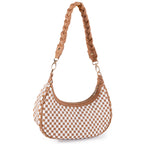 Brown and white checkered vegan leather hobo bag with a braided shoulder strap and top zipper closure.