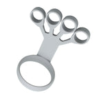 Grey silicone finger exercise device with one large ring for the thumb and four smaller rings for fingers.