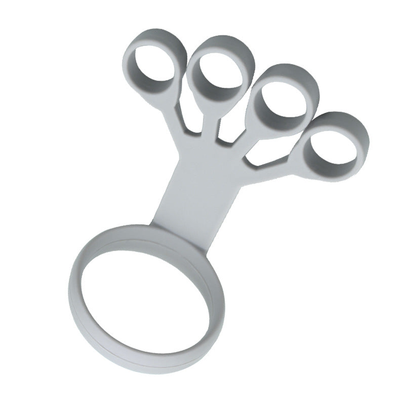 Grey silicone finger exercise device with one large ring for the thumb and four smaller rings for fingers.