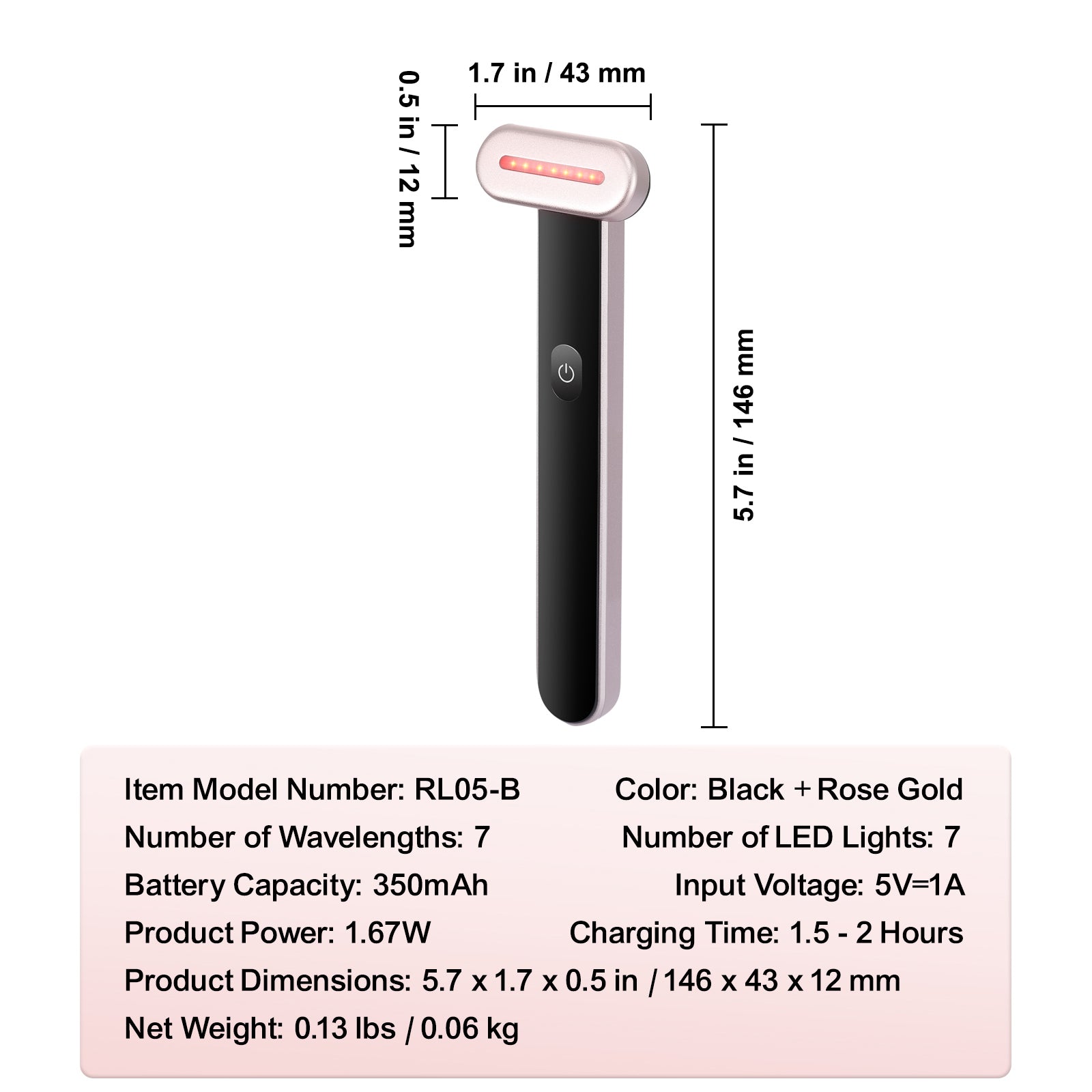 Rose gold and black VEVOR LED facial therapy wand with dimensions, power button, and red light emitter head.