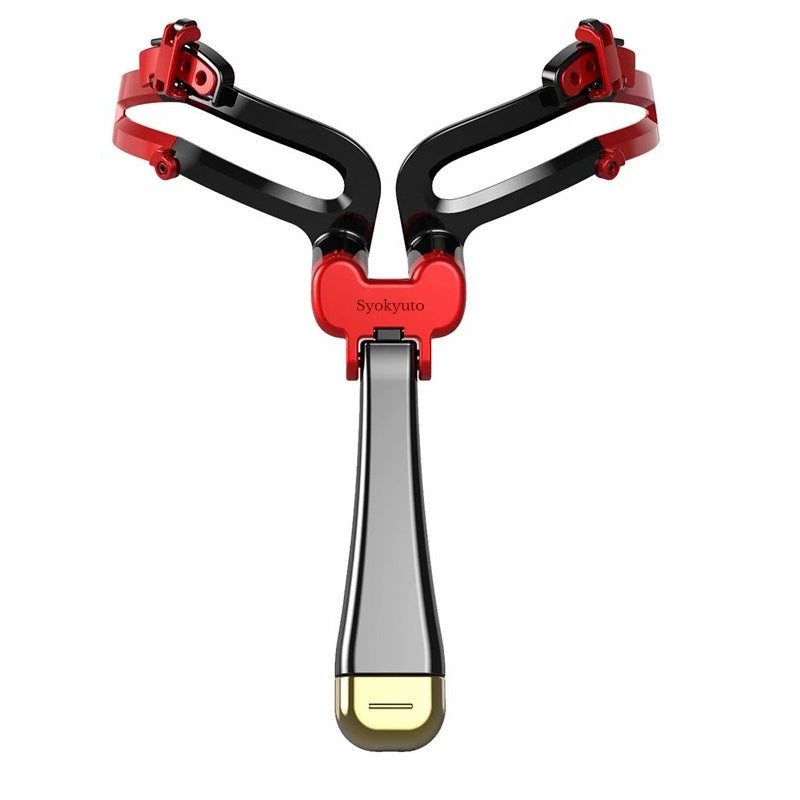 Adjustable red and black plastic eyebrow stencil tool with a sleek gray handle and gold accent tip on white background.