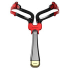 Adjustable red and black plastic eyebrow stencil tool with a sleek gray handle and gold accent tip on white background.