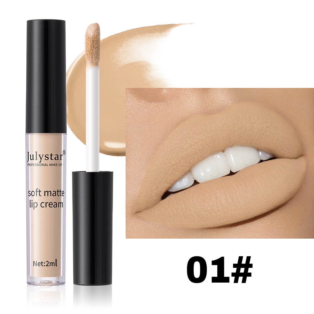 Julystar soft matte lip cream in nude shade 01 with applicator, shown in a tube and on lips with a matte finish.