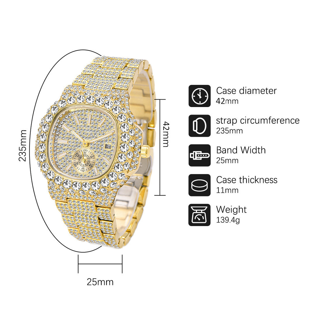 Gold-tone hip hop watch covered in sparkling rhinestones with dimensions and specs listed to the right.