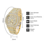 Gold-tone hip hop watch covered in sparkling rhinestones with dimensions and specs listed to the right.