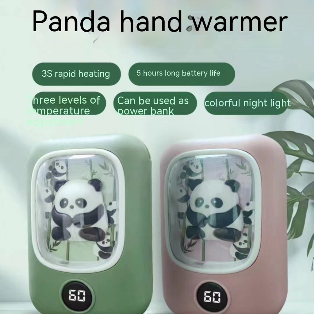 Green and pink panda-themed rechargeable hand warmers with digital temperature display and night light feature.