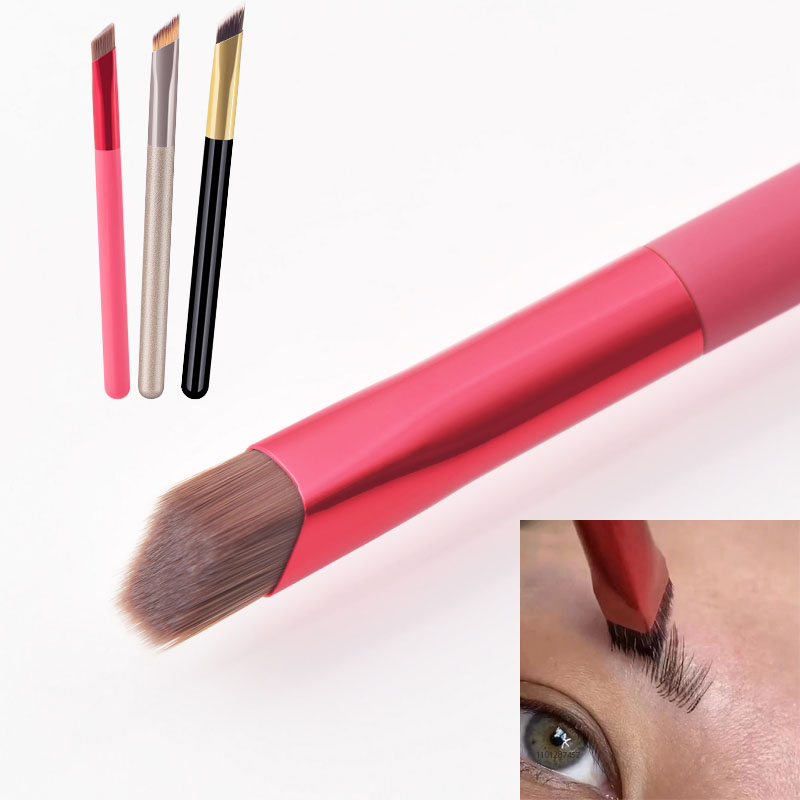 Three angled eyebrow brushes in pink, silver, and black, shown with a pink brush applying realistic brow strokes.