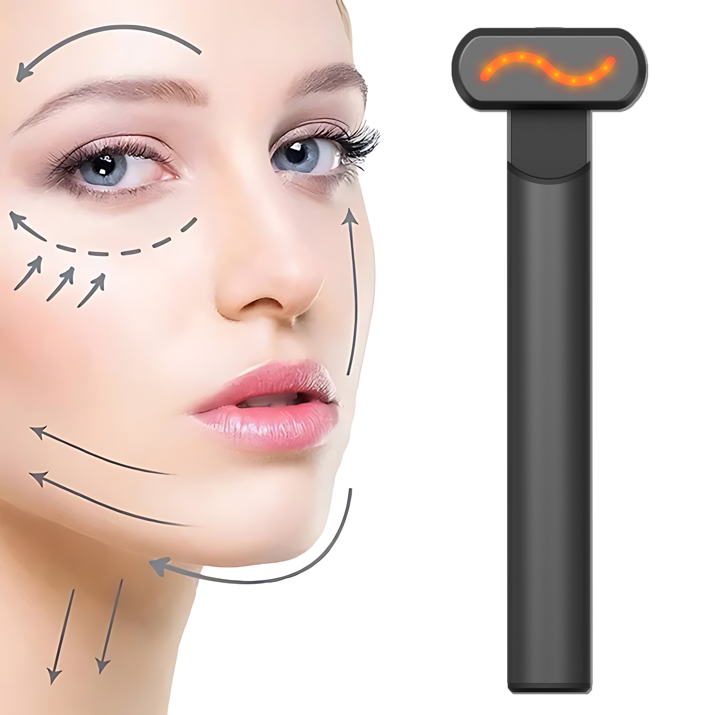 Black handheld facial massager with red LED light therapy head next to a woman’s face with skin-lifting arrows.
