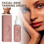 Milano Drop tanning serum bottle and box in dusty rose, with before-and-after results and a glowing model.