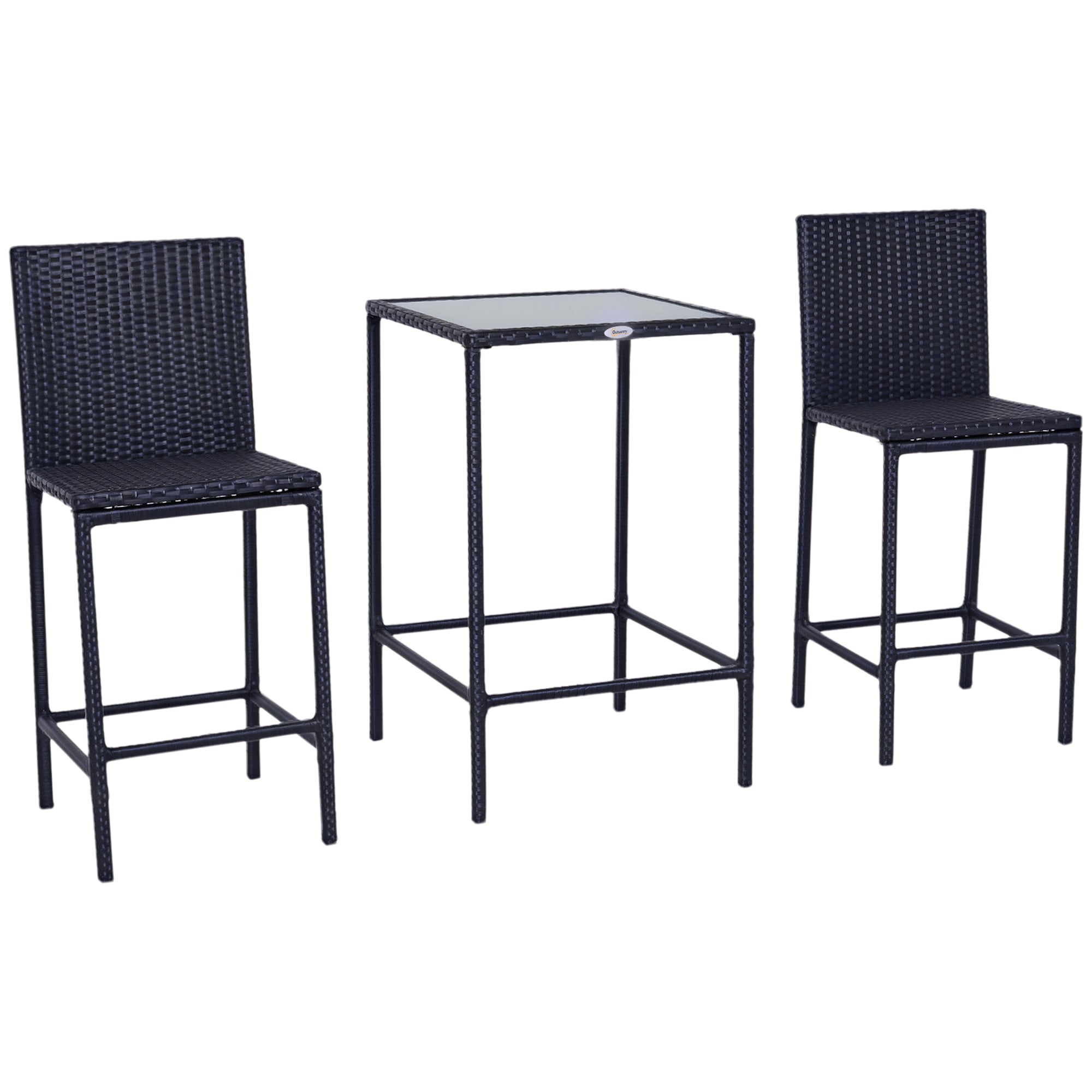 Three-piece black rattan bar set featuring a square glass-top table and two high-back stools for outdoor use.