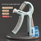 Light blue adjustable hand grip exerciser with metal spring, non-slip handles, and a digital rep counter display.