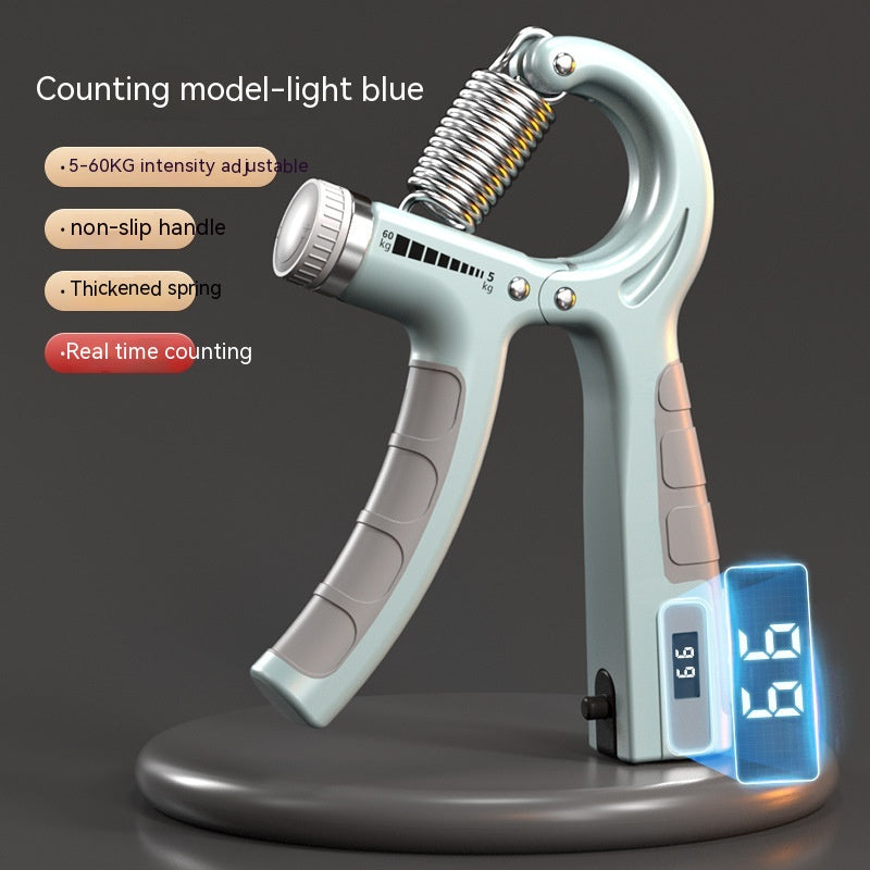 Light blue adjustable hand grip exerciser with metal spring, non-slip handles, and a digital rep counter display.