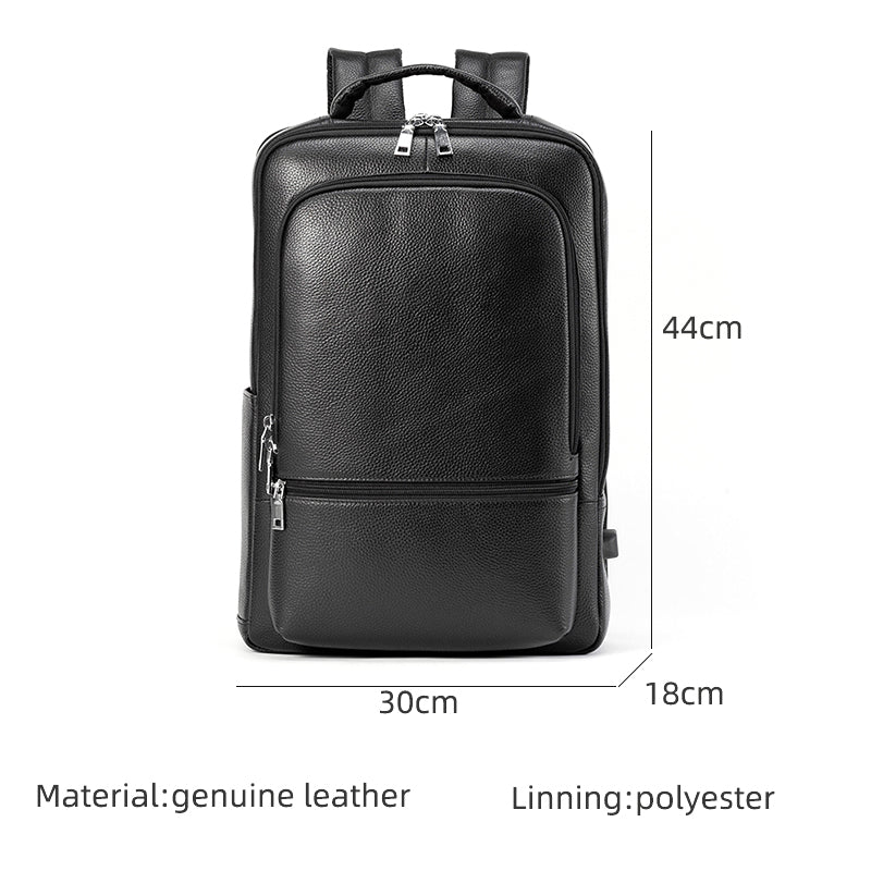 Black leather business backpack with front zip pockets, USB port, and dimensions (44x30x18cm) labeled on white background.