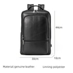 Black leather business backpack with front zip pockets, USB port, and dimensions (44x30x18cm) labeled on white background.